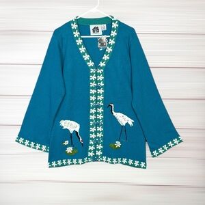 NWT Storybook Knits Blue Cardigan Sweater V-neck with Crane Bird Cotton Blend 1X